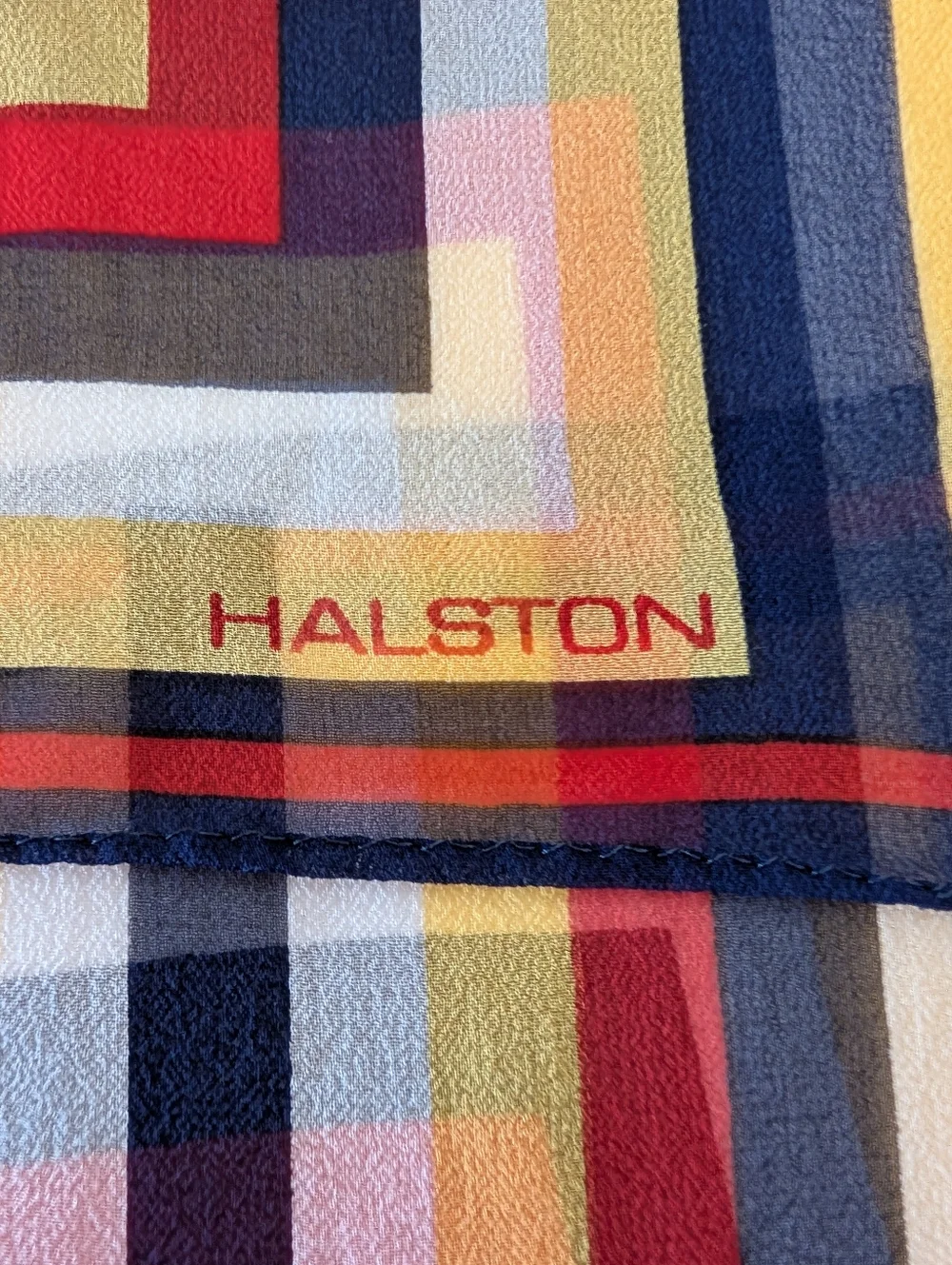 Vintage Halston Striped Silk Scarf in Navy, Yellow & Red. Oblong 48 Inches 1980